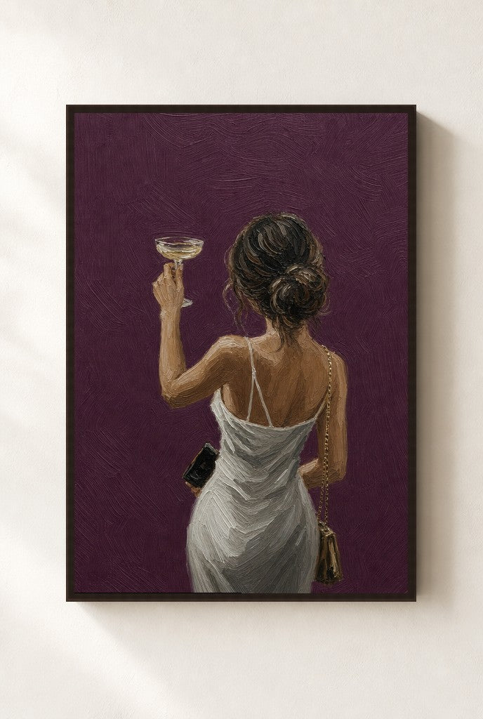 Coupe Toast, Plum print, mounted in a walnut wood frame on a cream wall.