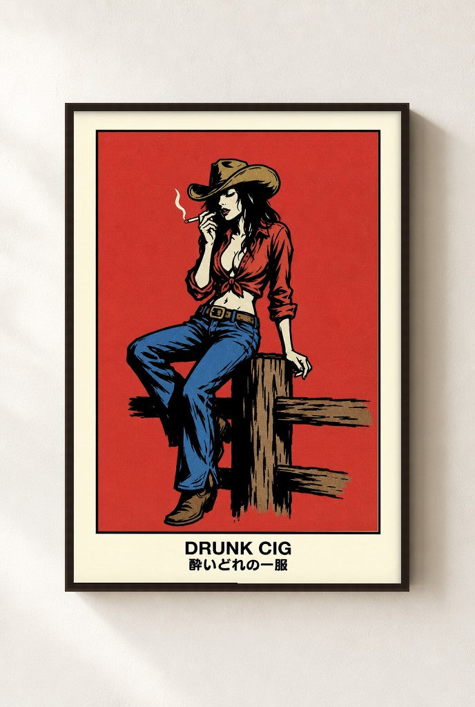 Drunk Cig print, mounted in a walnut wood frame on a cream wall.