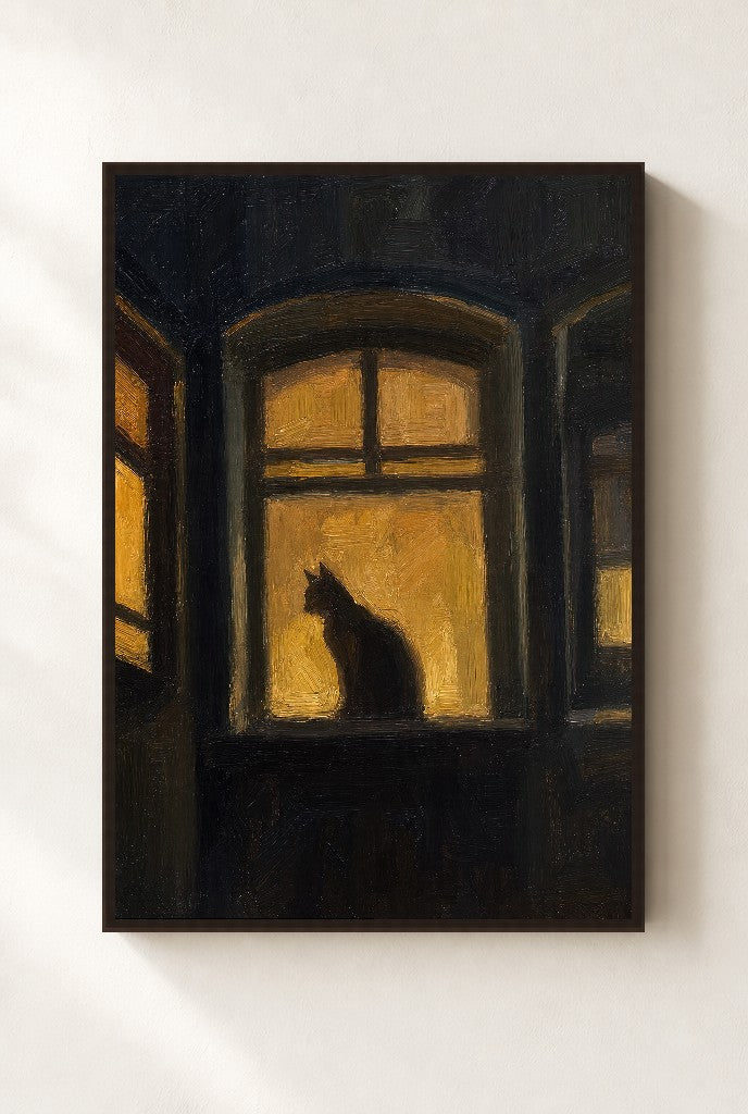 Amber Window, Cat, framed close-up, walnut