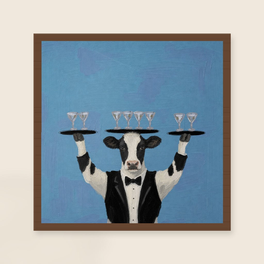 Showing Off print, mounted in a walnut wood frame on a cream wall.