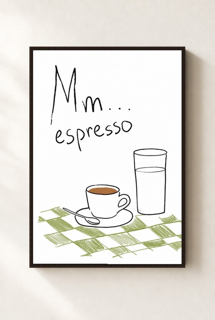 Mm Espresso print, mounted in a walnut wood frame on a cream wall.