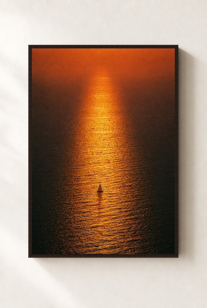 Lone Sail, Molten Sea, framed, walnut