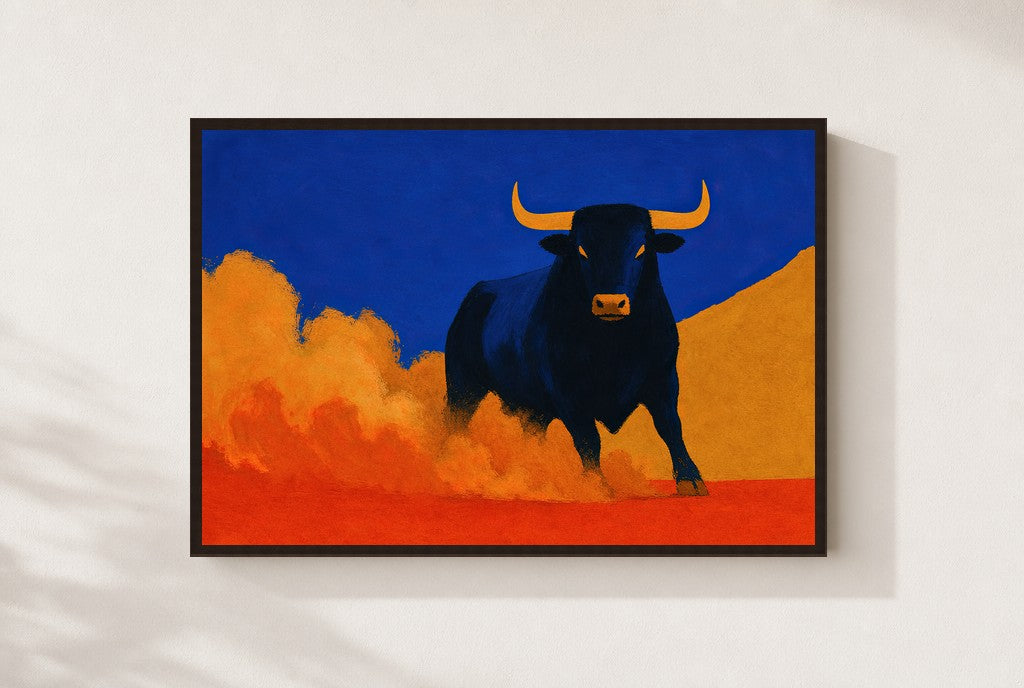 Bull, Raising Dust, framed close-up, walnut
