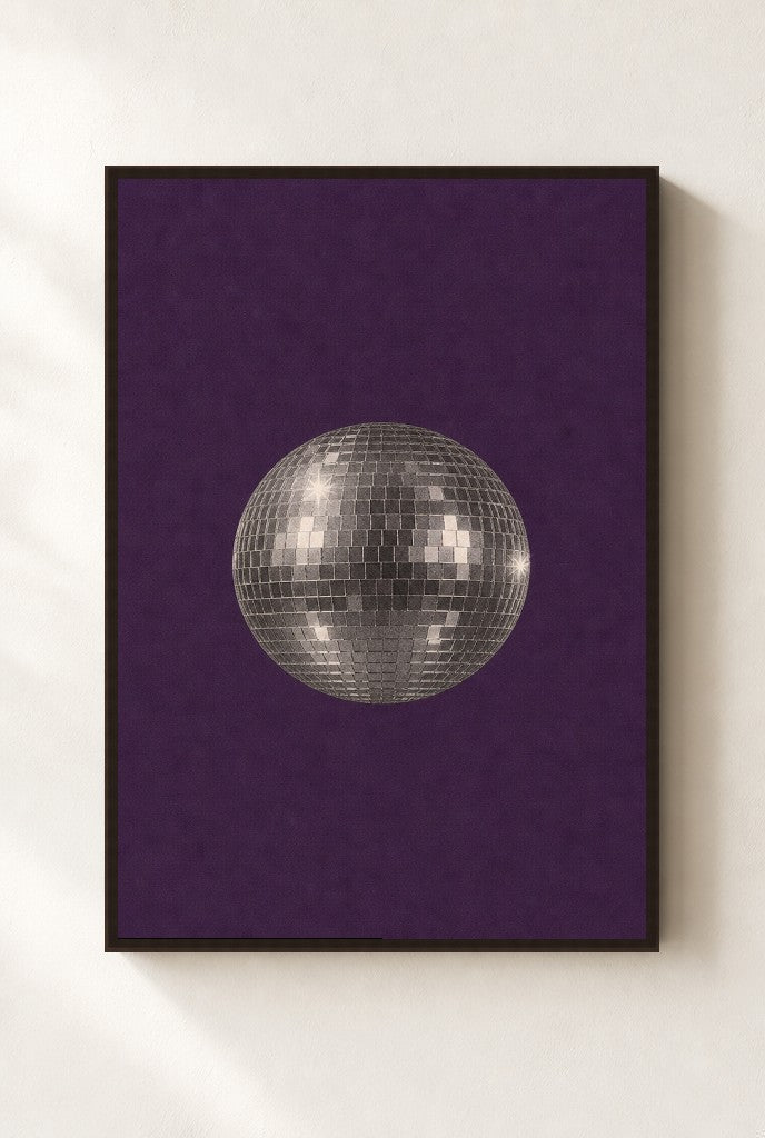 Disco Ball, Purple print, mounted in a walnut wood frame on a cream wall.