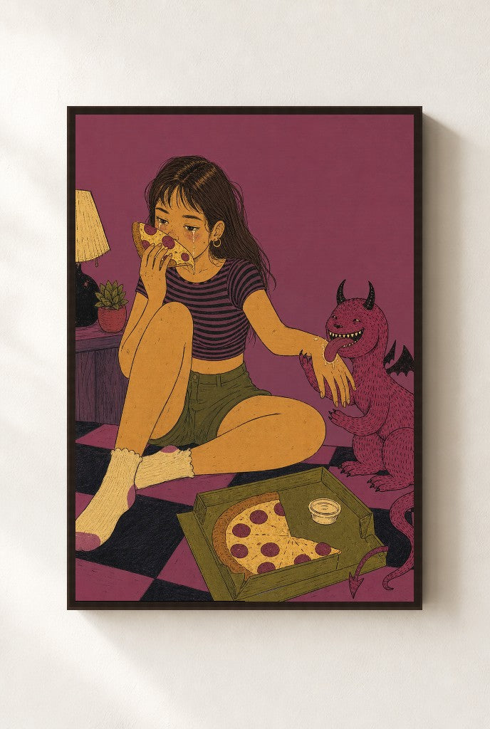 Pizza for One (Plus Him), framed close-up, walnut