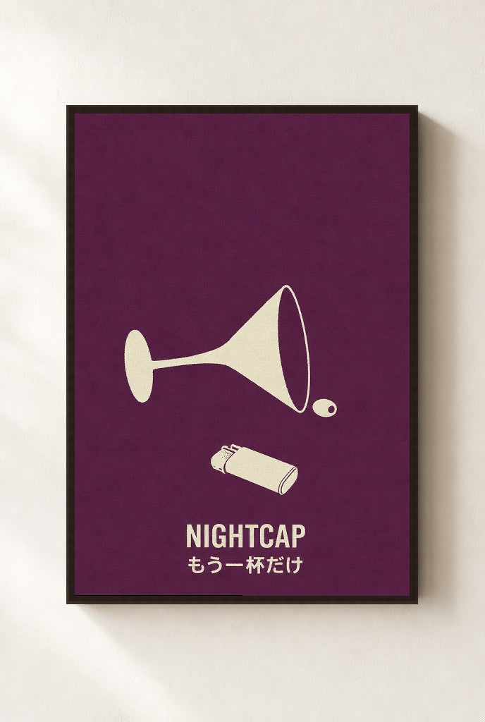 Nightcap print, mounted in a walnut wood frame on a cream wall.