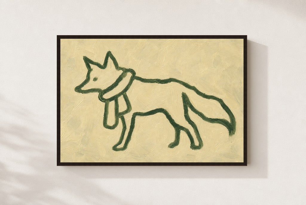 Line Fox in Scarf, framed close-up, walnut