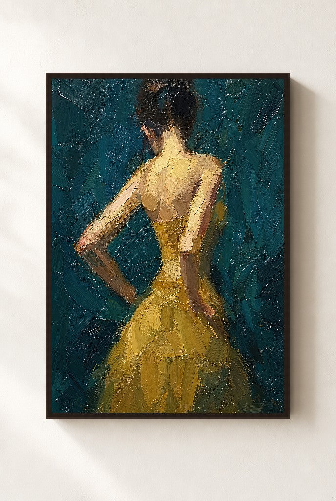 Gold Dress, Teal, framed close-up, walnut
