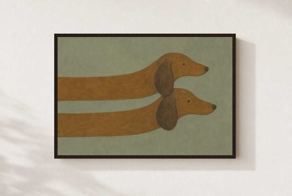 Two Dachshunds, Sage print, mounted in a walnut wood frame on a cream wall.