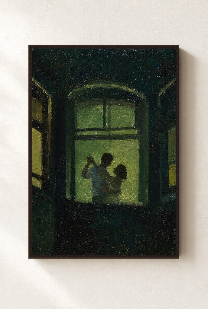 Green Night, Dancers, framed close-up, walnut