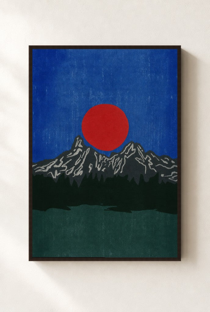Red Sun, Charcoal Range print, mounted in a walnut wood frame on a cream wall.