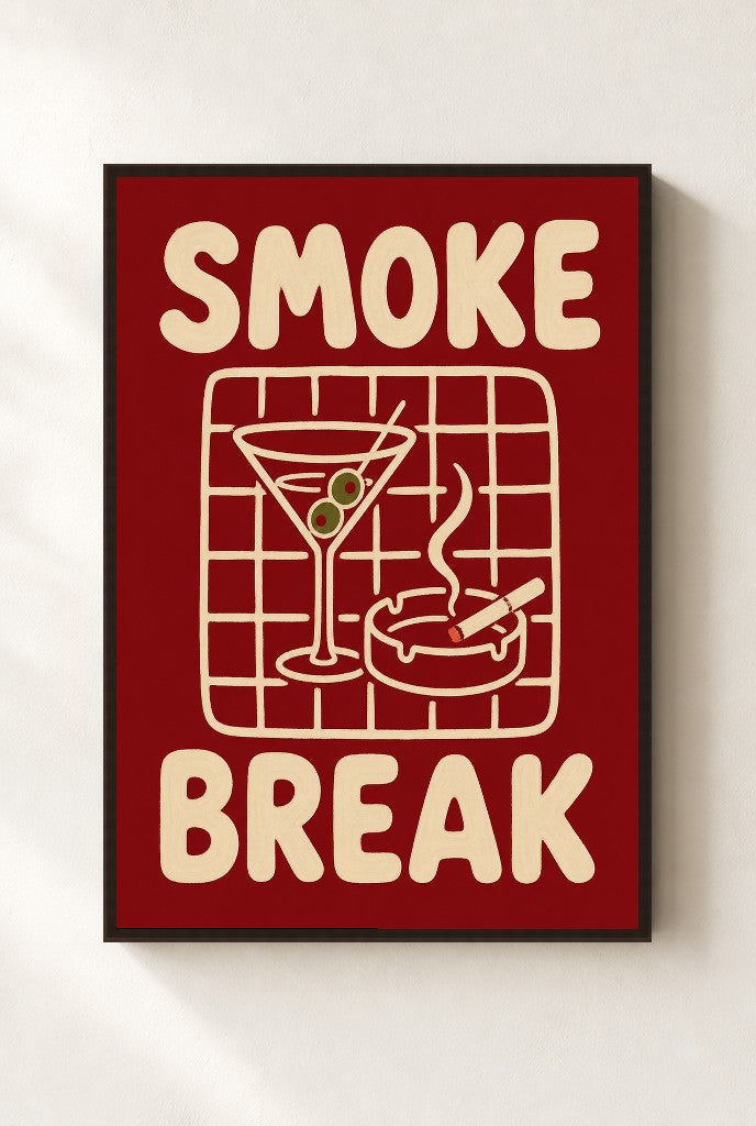 Smoke Break print, mounted in a walnut wood frame on a cream wall.