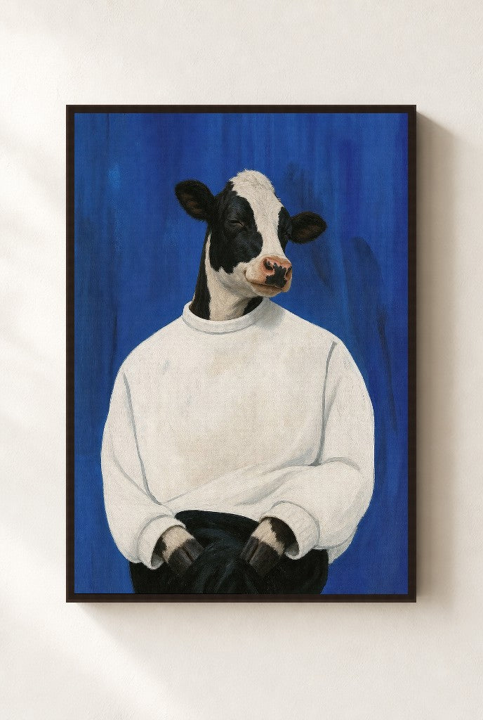 Calm in a White Sweater print, mounted in a walnut wood frame on a cream wall.