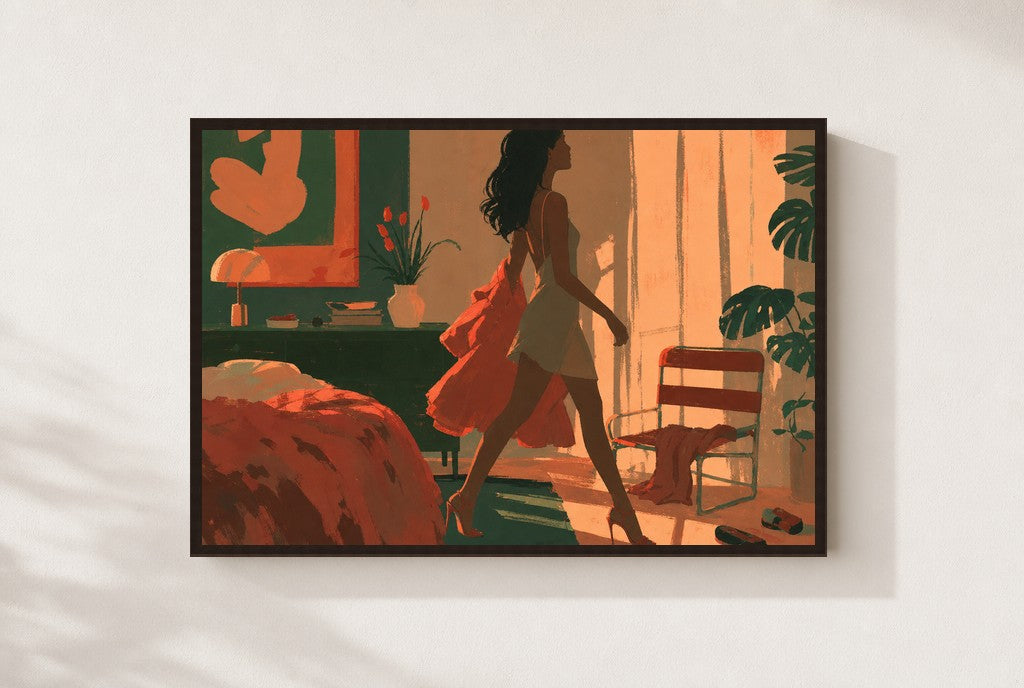 Out the Door in Coral, framed close-up, walnut