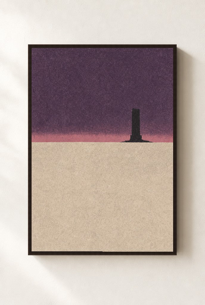 Lone Tower, Pink Sky print, mounted in a walnut wood frame on a cream wall.