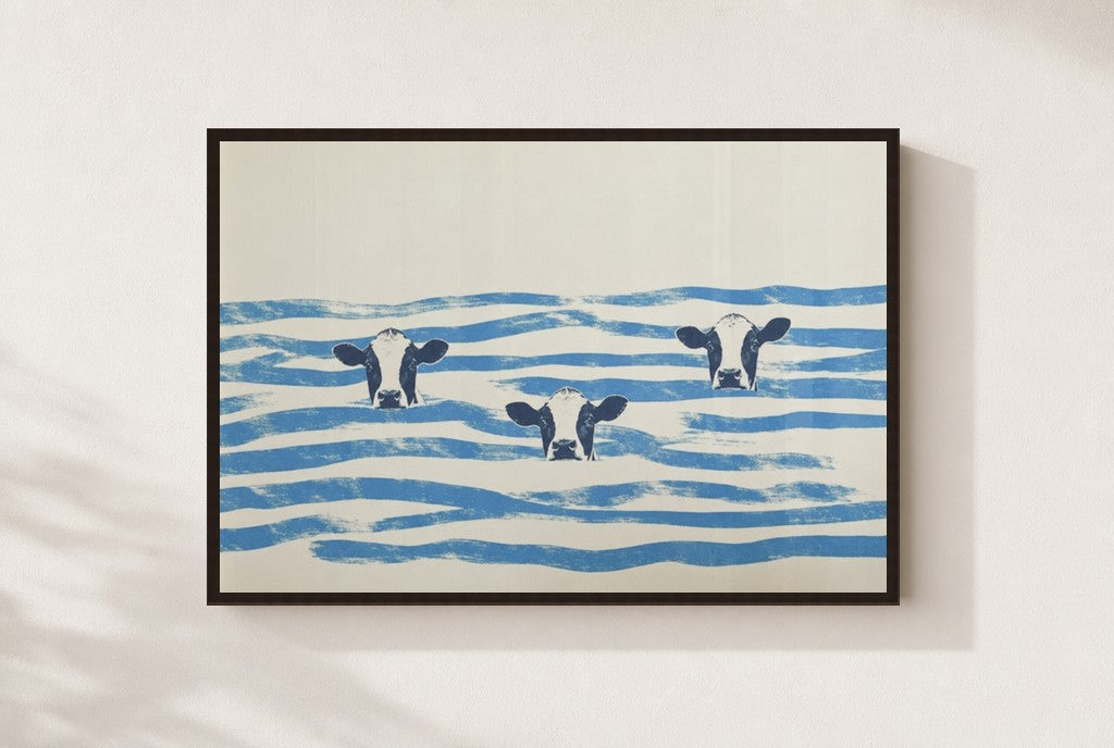 Three in the Waves print, mounted in a walnut wood frame on a cream wall.