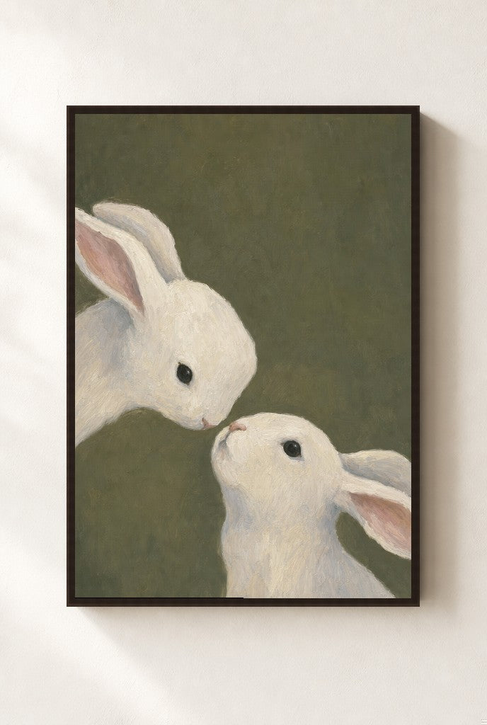 Two Rabbits, Olive print, mounted in a walnut wood frame on a cream wall.