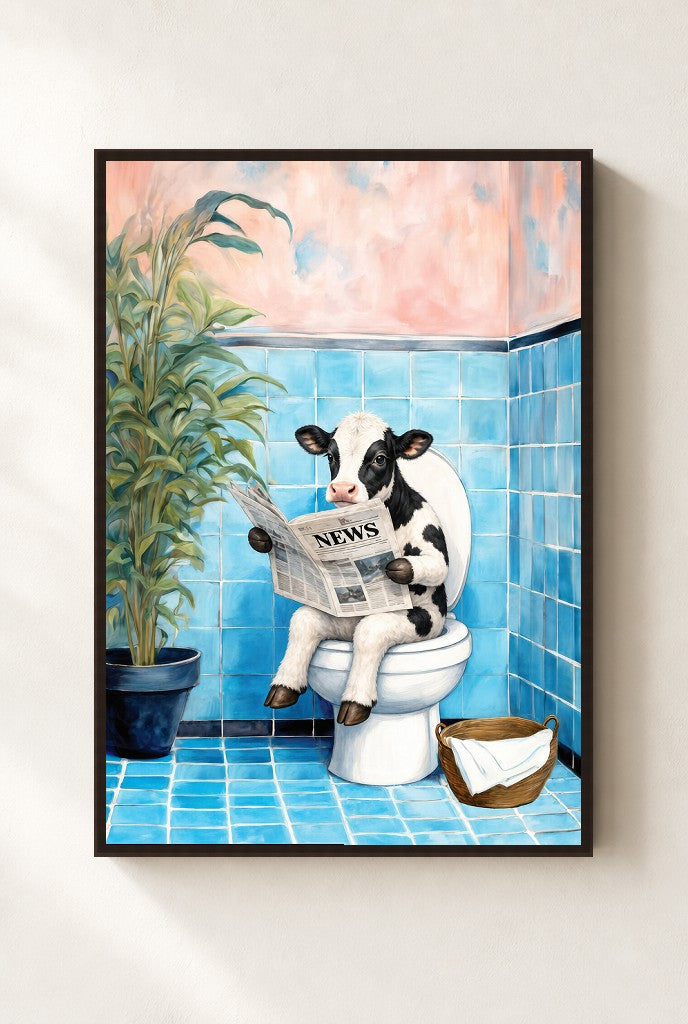 Reading the News print, mounted in a walnut wood frame on a cream wall.
