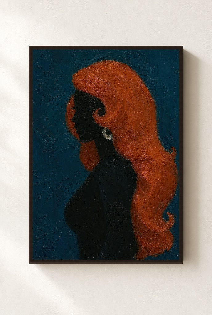 Copper Hair, Teal, framed close-up, walnut