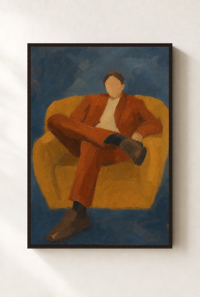 Rust Suit, Slate Wall, framed close-up, walnut
