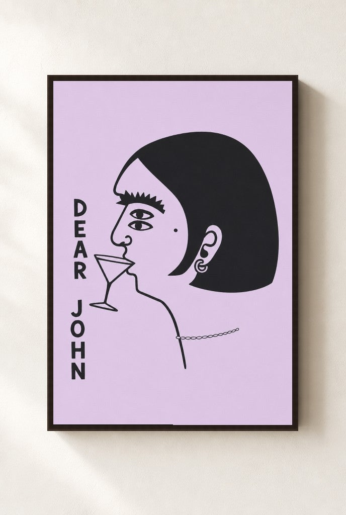 Dear John print, mounted in a walnut wood frame on a cream wall.