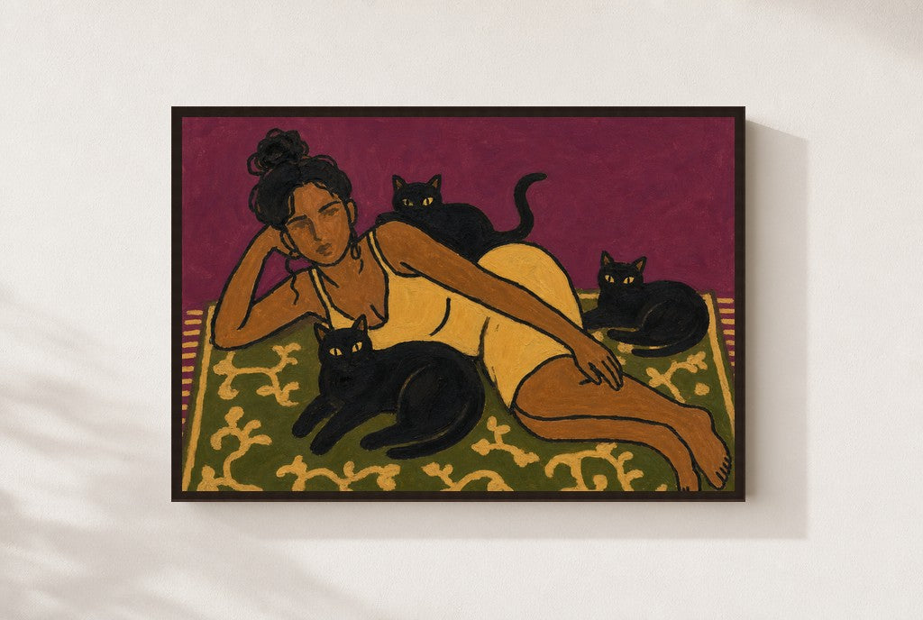 Outnumbered by Cats, framed close-up, walnut