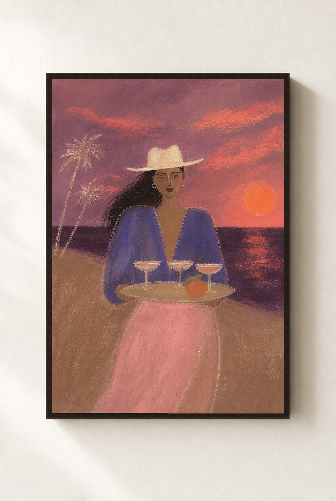 Drinks at the Beach, Alone, framed close-up, walnut