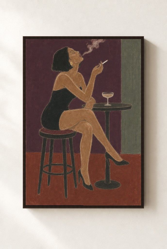 Bar Stool, Smoke print, mounted in a walnut wood frame on a cream wall.