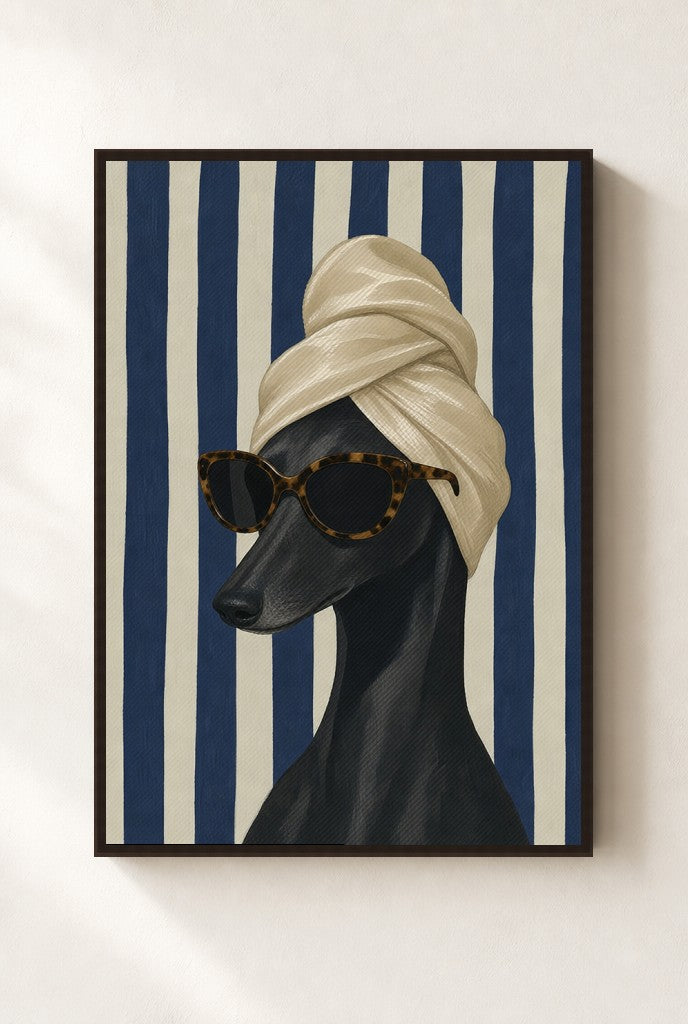 Greyhound, Hair Towel print, mounted in a walnut wood frame on a cream wall.