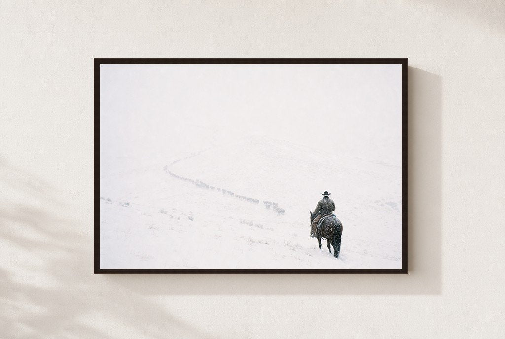 Rider in the Whiteout, framed, walnut