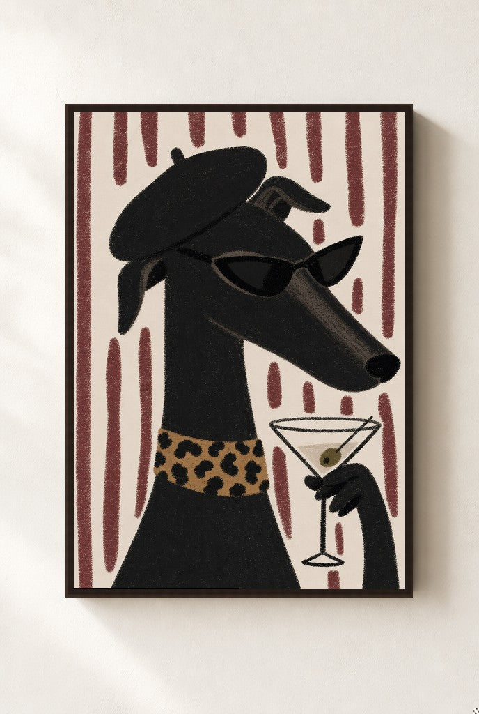 Greyhound, Beret, Martini print, mounted in a walnut wood frame on a cream wall.