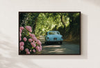 Blue Car, Pink Bloom, framed, walnut