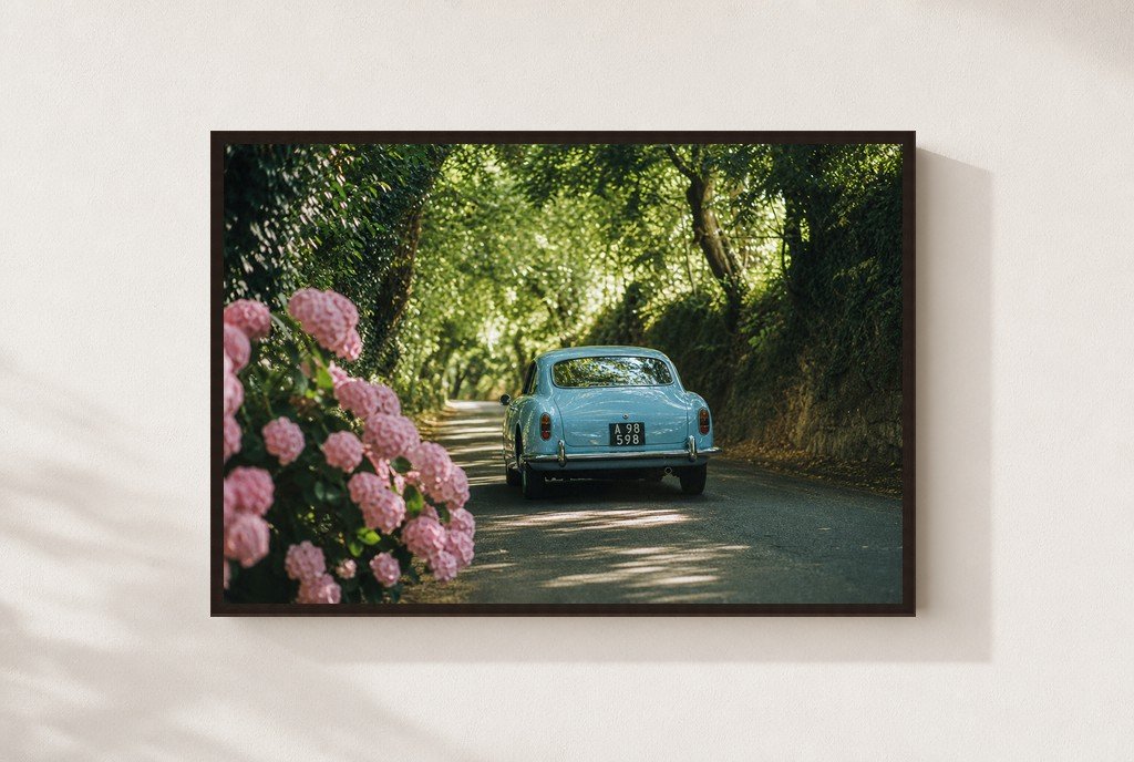 Blue Car, Pink Bloom, framed, walnut