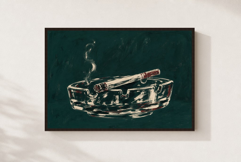 Ashtray, Teal print, mounted in a walnut wood frame on a cream wall.