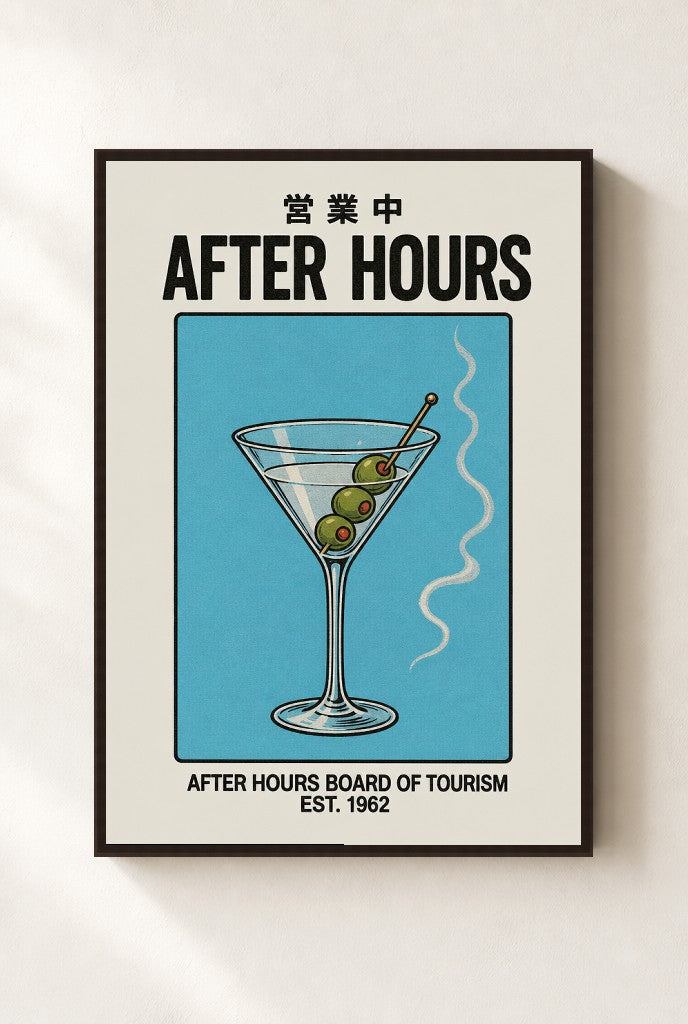 After Hours, Tourism print, mounted in a walnut wood frame on a cream wall.