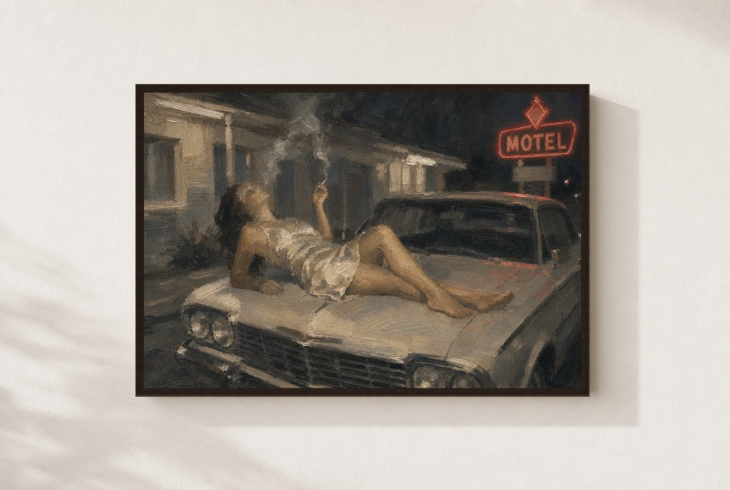 Slip and the Motel Sign, framed close-up, walnut