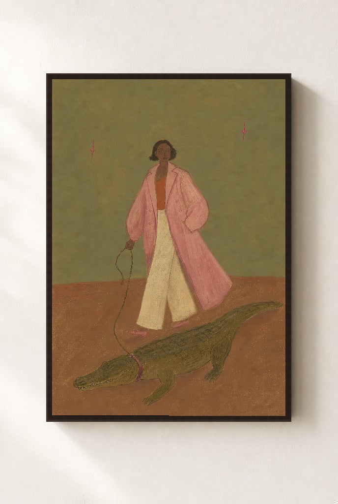 Walking the Croc, framed close-up, walnut