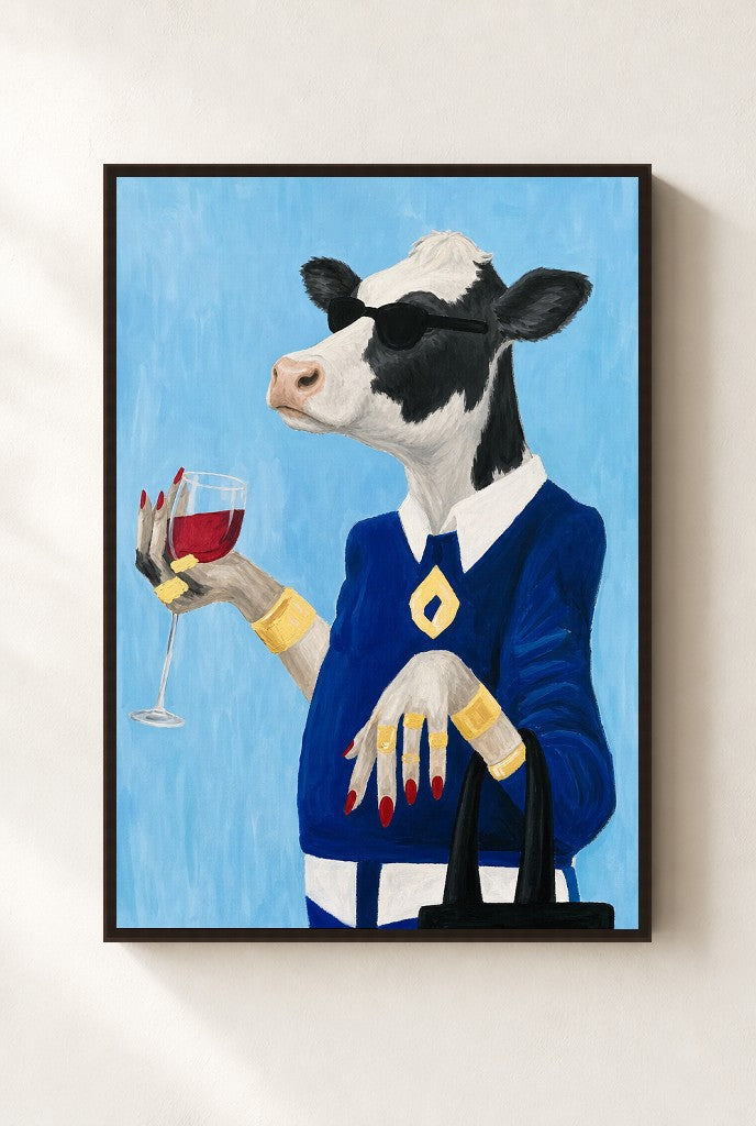 Blazer and Bordeaux print, mounted in a walnut wood frame on a cream wall.
