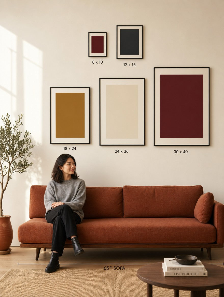 Drunk Dame size guide: matte, framed, and canvas dimensions side by side.